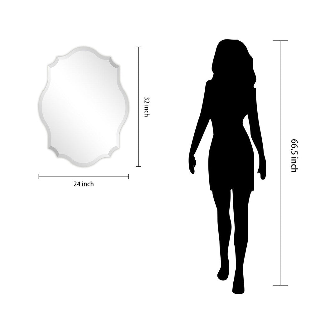 Miroir mural rectangulaire élégant à bords biseautés et festonnés, sans cadre.