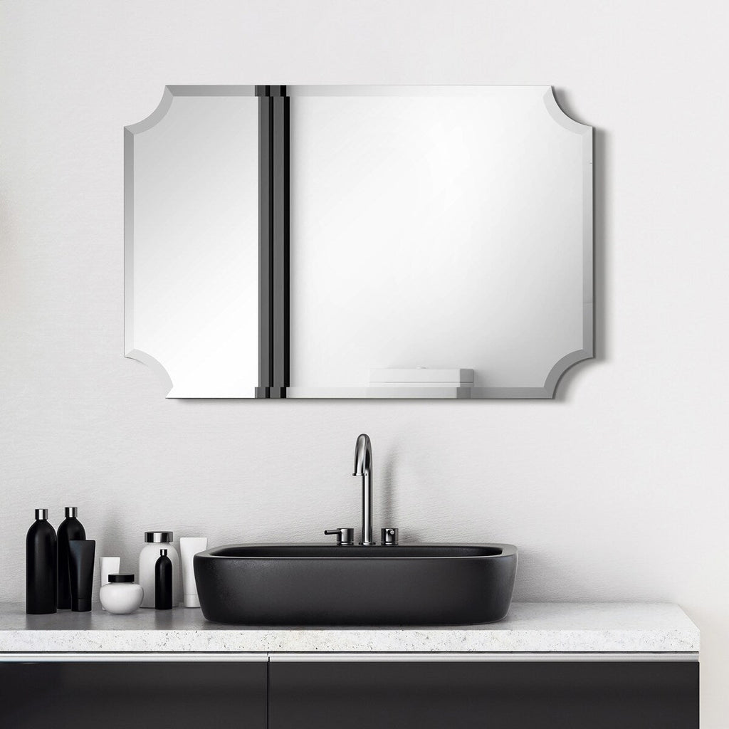 Miroir mural rectangulaire sans cadre, à bords évidés et biseautés, pour salle de bain, meuble-lavabo, chambre à coucher, bord biseauté de 1 côté - Transparent