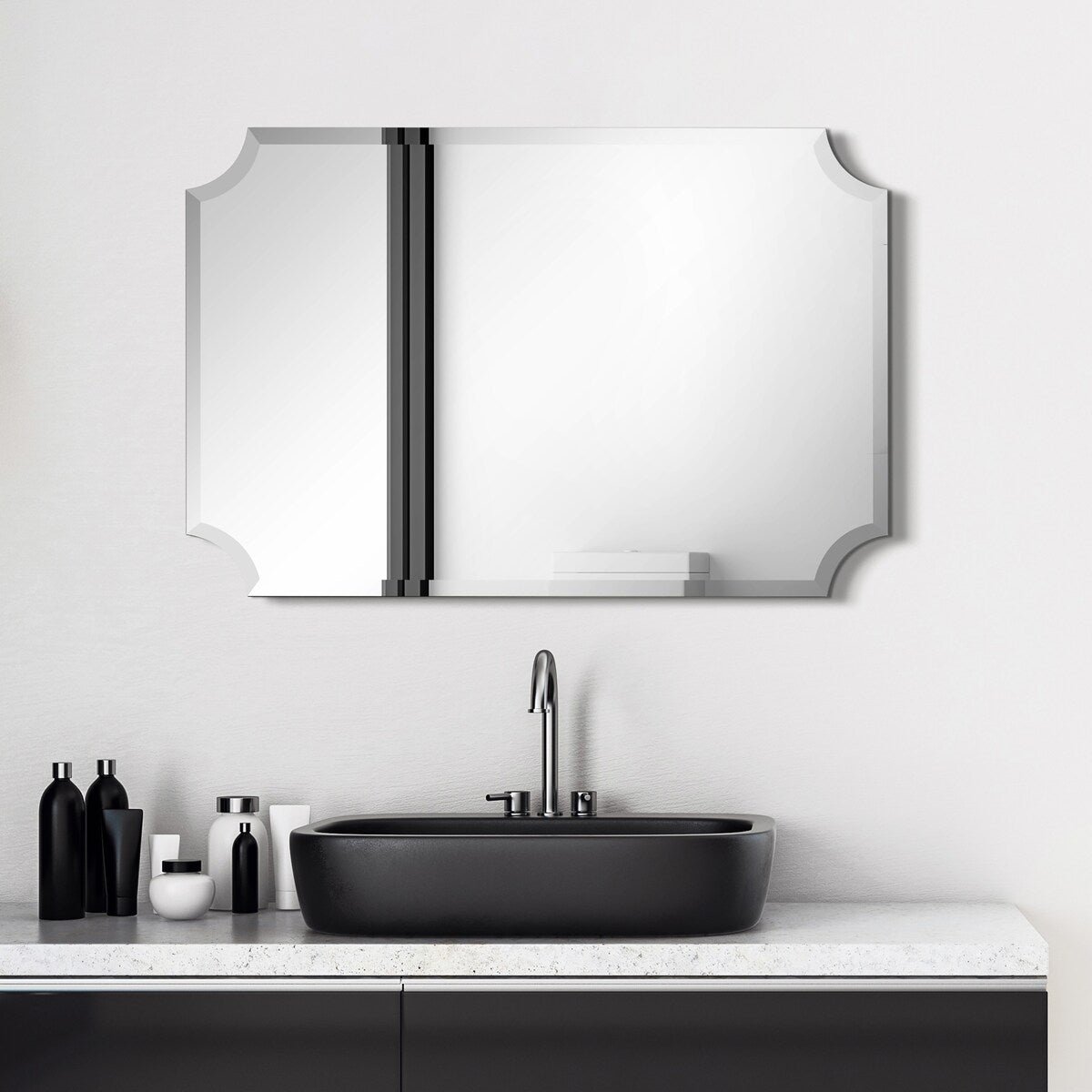 Miroir mural rectangulaire sans cadre, à bords évidés et biseautés, pour salle de bain, meuble-lavabo, chambre à coucher, bord biseauté de 1 côté - Transparent