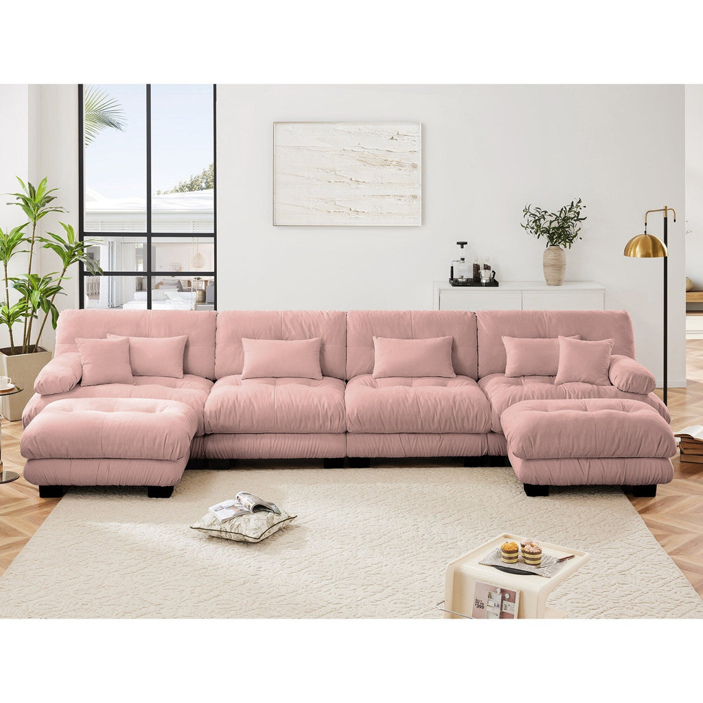 Canapé d'angle modulable 4 places en chenille, avec 2 poufs et un coussin, pour salon.