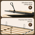 Cadre de lit coffre relevable, cadre de lit plateforme recouvert de tissu avec système de rangement hydraulique et tête de lit.
