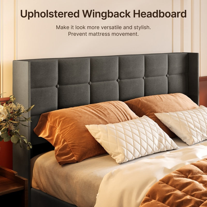 Cadre de lit coffre relevable, cadre de lit plateforme recouvert de tissu avec système de rangement hydraulique et tête de lit.