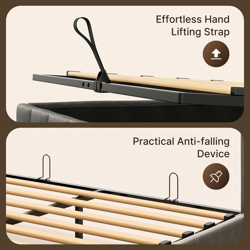 Cadre de lit coffre relevable, cadre de lit plateforme recouvert de tissu avec système de rangement hydraulique et tête de lit.