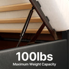 Cadre de lit coffre relevable, cadre de lit plateforme recouvert de tissu avec système de rangement hydraulique et tête de lit.