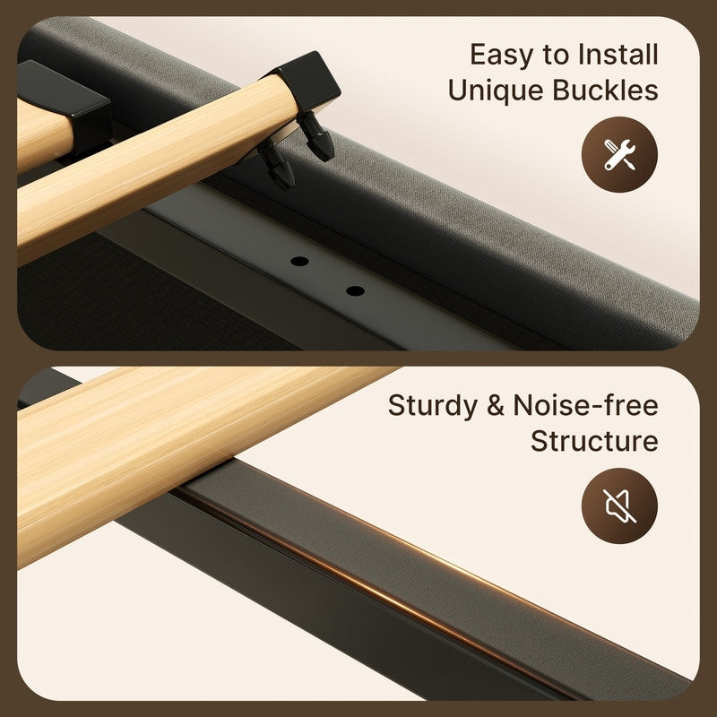 Cadre de lit coffre relevable, cadre de lit plateforme recouvert de tissu avec système de rangement hydraulique et tête de lit.