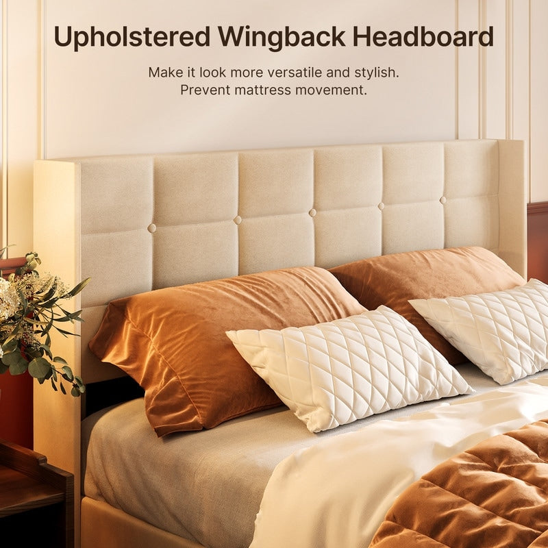 Cadre de lit coffre relevable, cadre de lit plateforme recouvert de tissu avec système de rangement hydraulique et tête de lit.