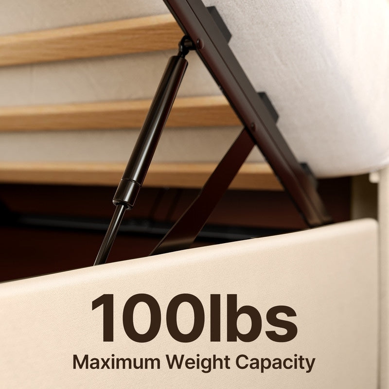 Cadre de lit coffre relevable, cadre de lit plateforme recouvert de tissu avec système de rangement hydraulique et tête de lit.