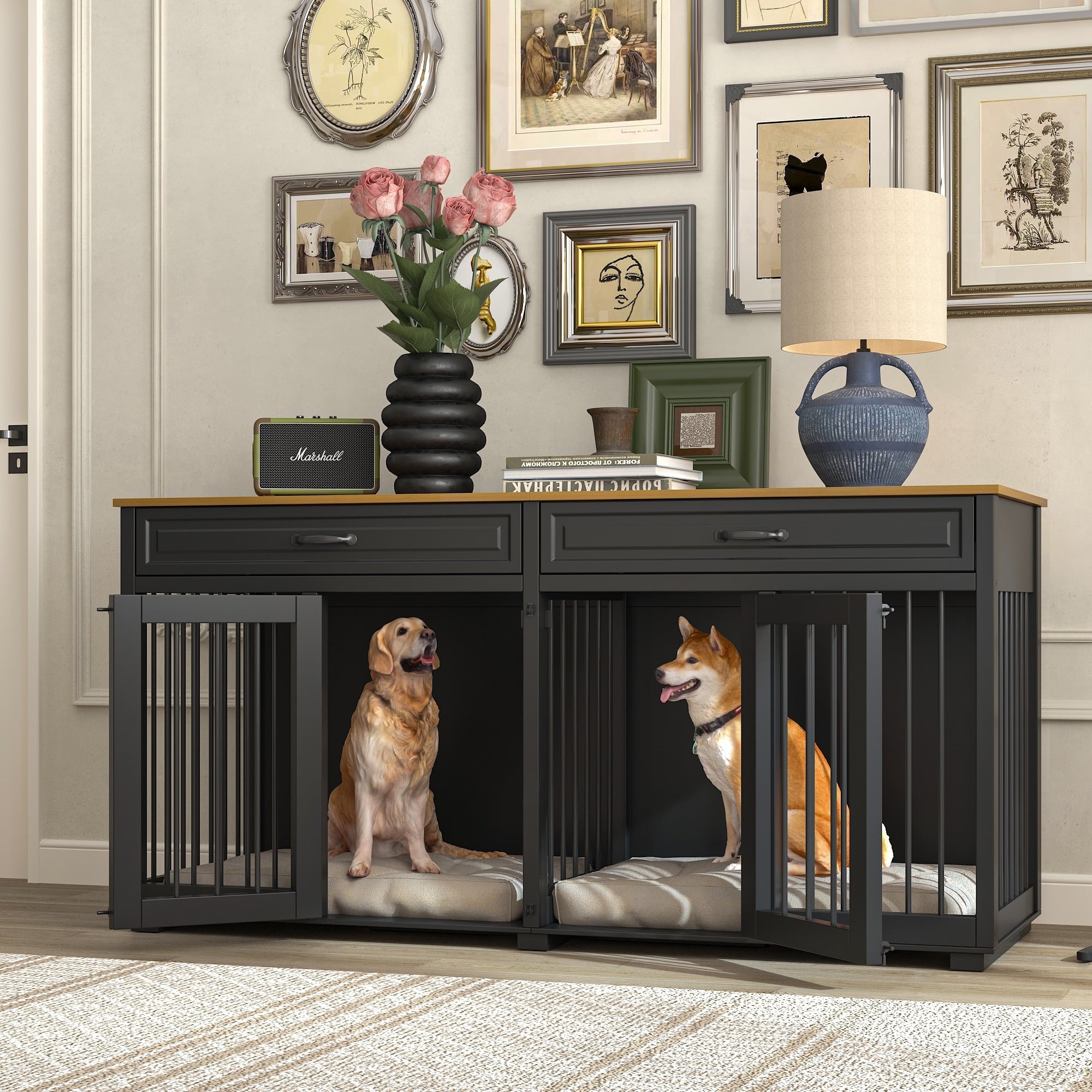 Cage à chien de style meuble, grand chenil en bois de 64,5 pouces
