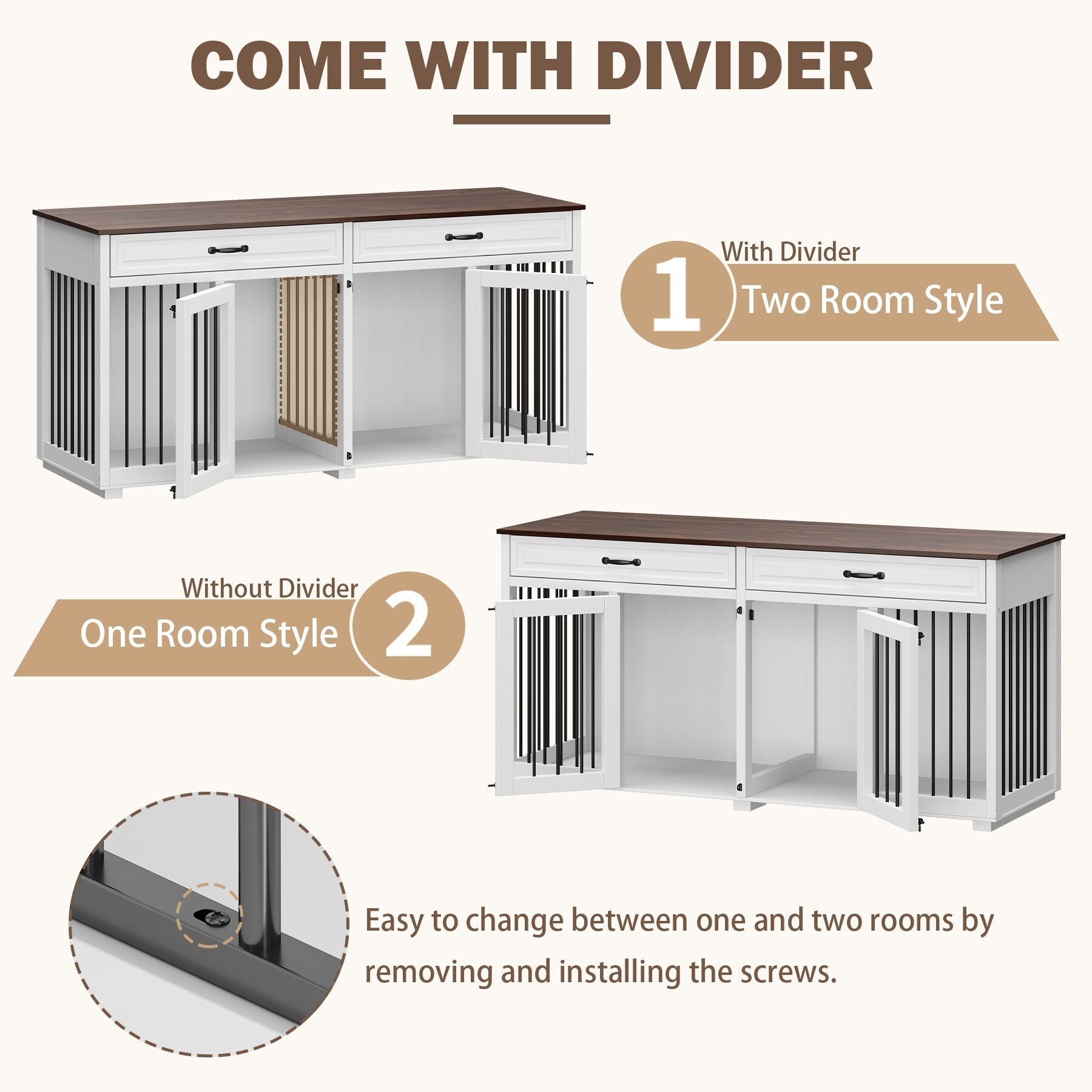 Cage à chien de style meuble, grand chenil en bois de 64,5 pouces