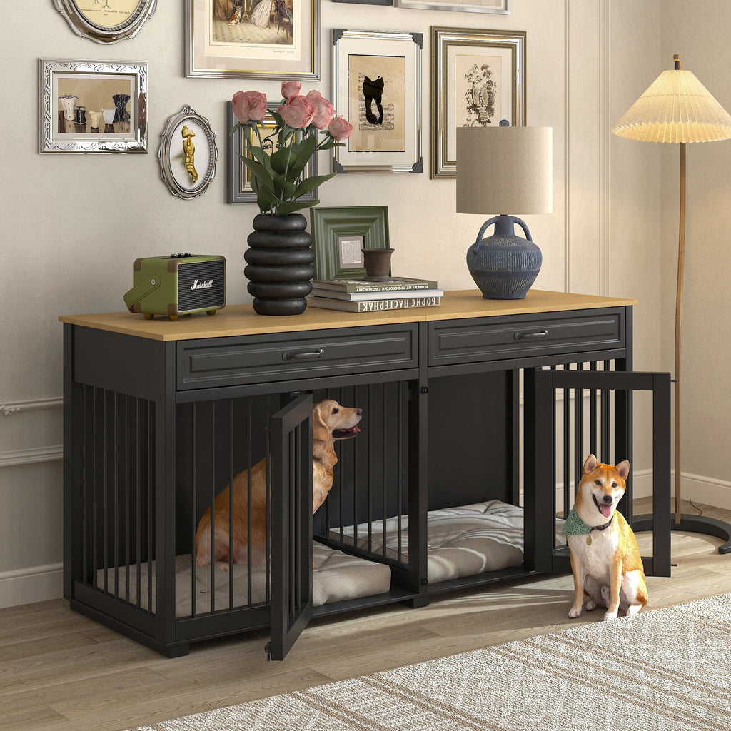 Cage à chien de style meuble, grand chenil en bois de 64,5 pouces