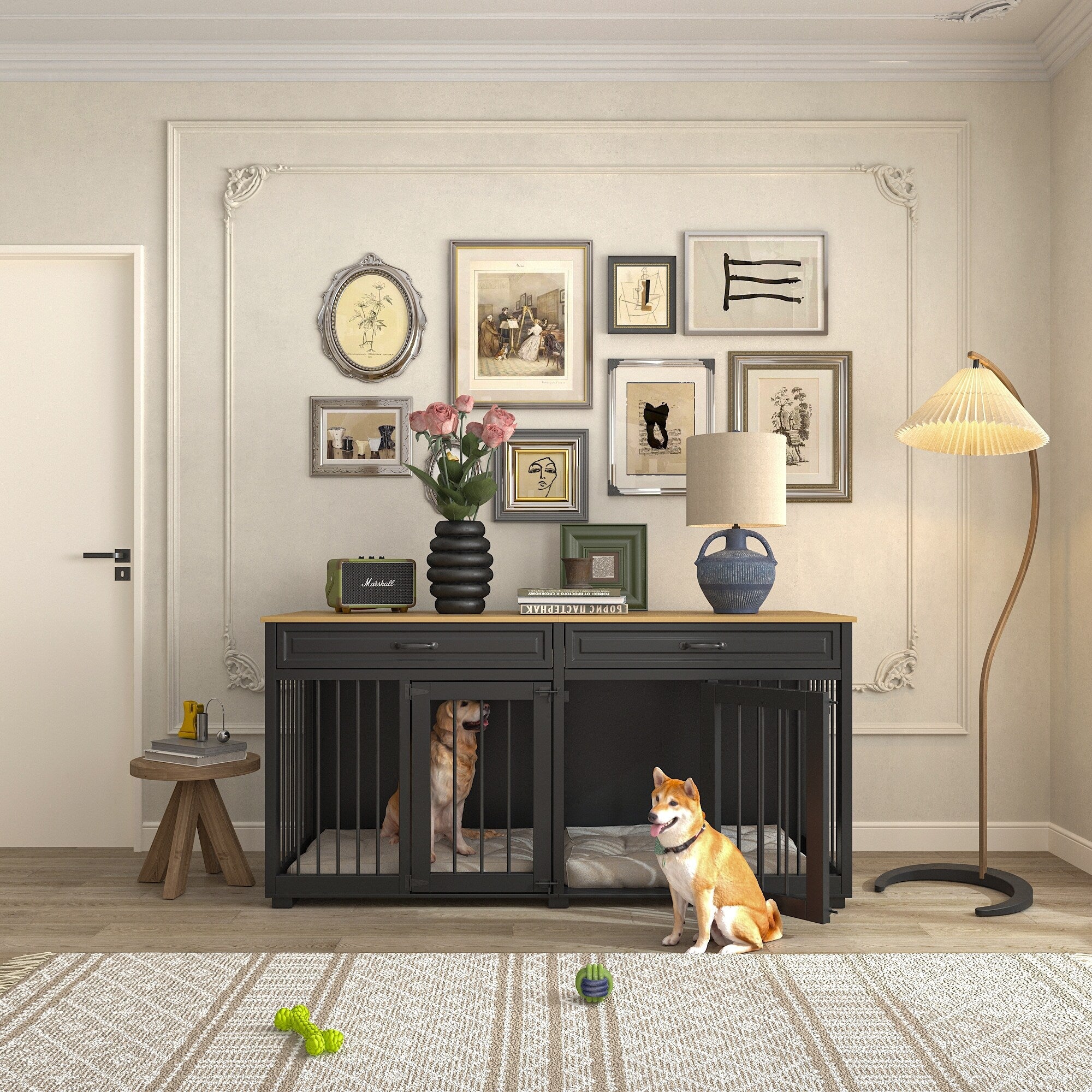 Cage à chien de style meuble, grand chenil en bois de 64,5 pouces