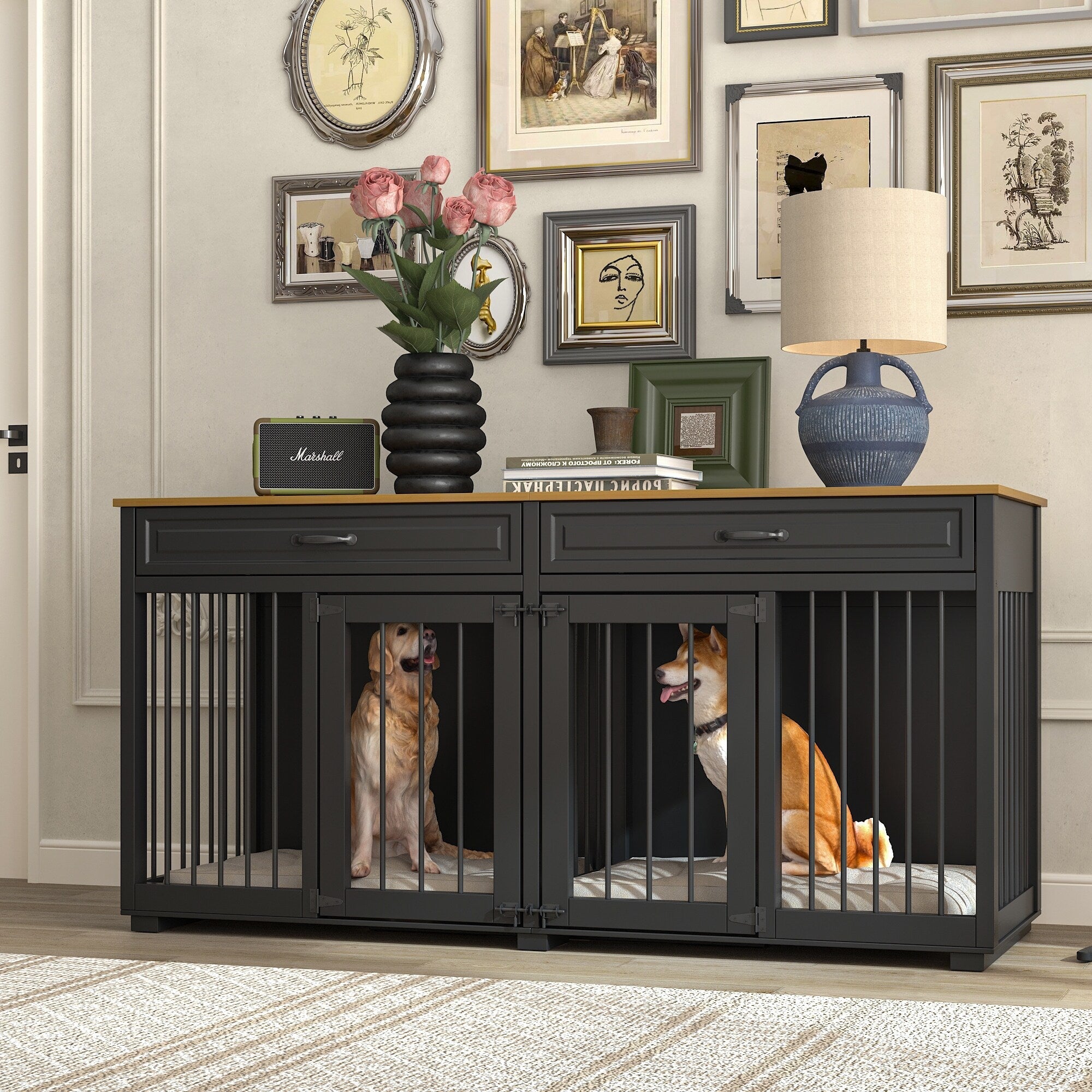 Cage à chien de style meuble, grand chenil en bois de 64,5 pouces