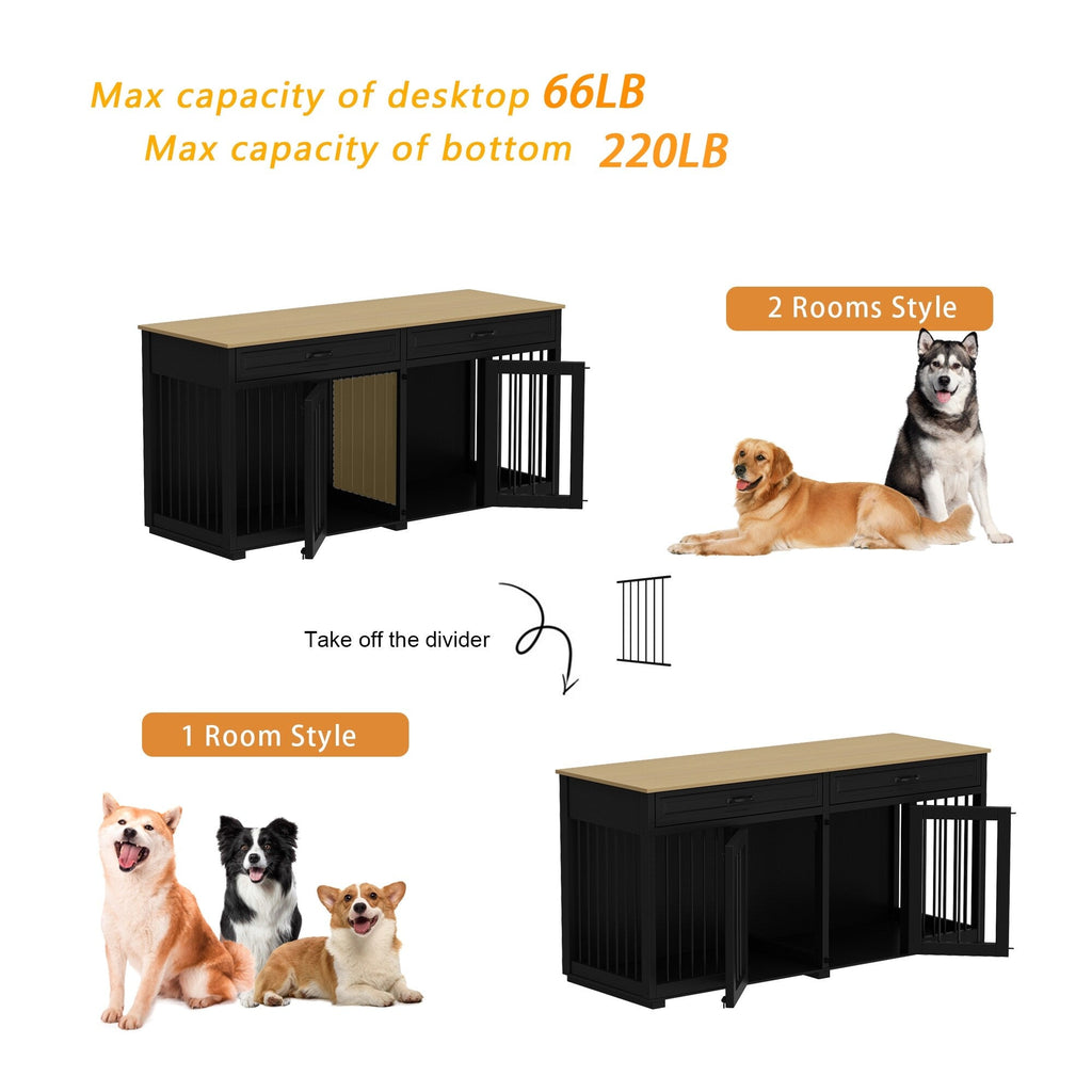 Cage à chien de style meuble, grand chenil en bois de 64,5 pouces
