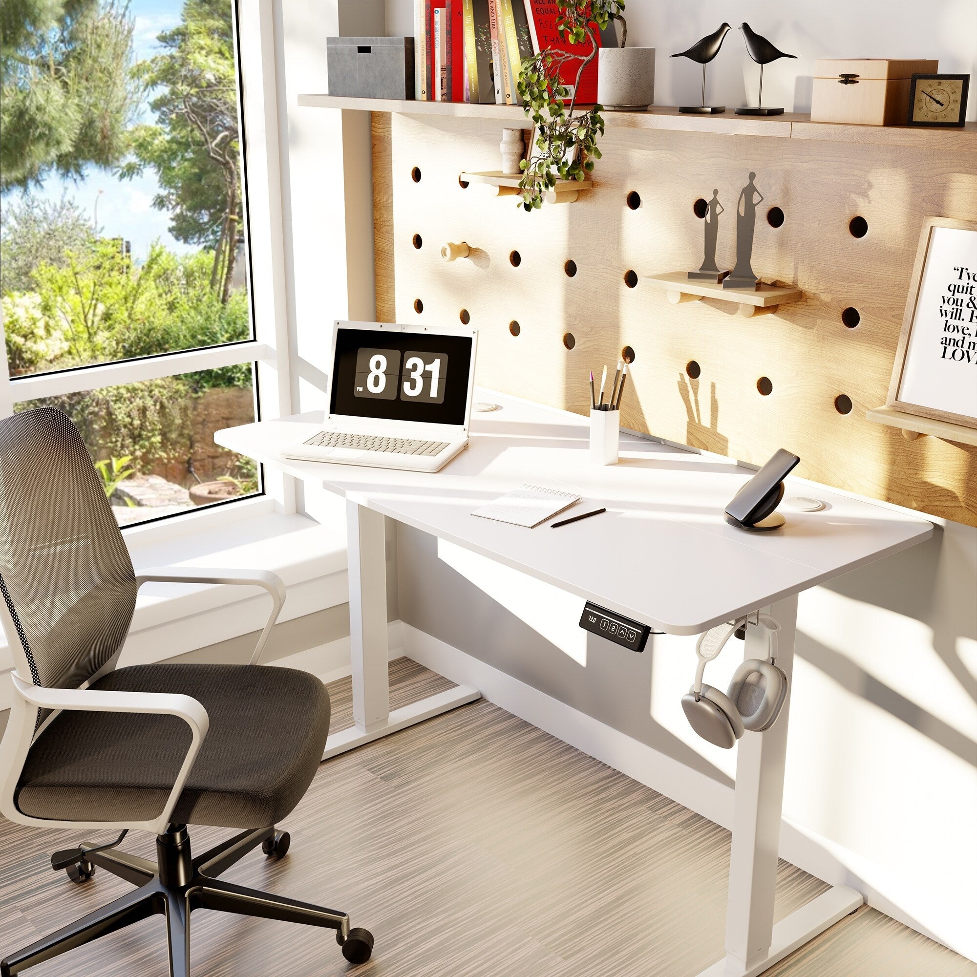 Bureau debout électrique réglable en hauteur Futzca, bureau informatique avec plateau de travail assemblé.