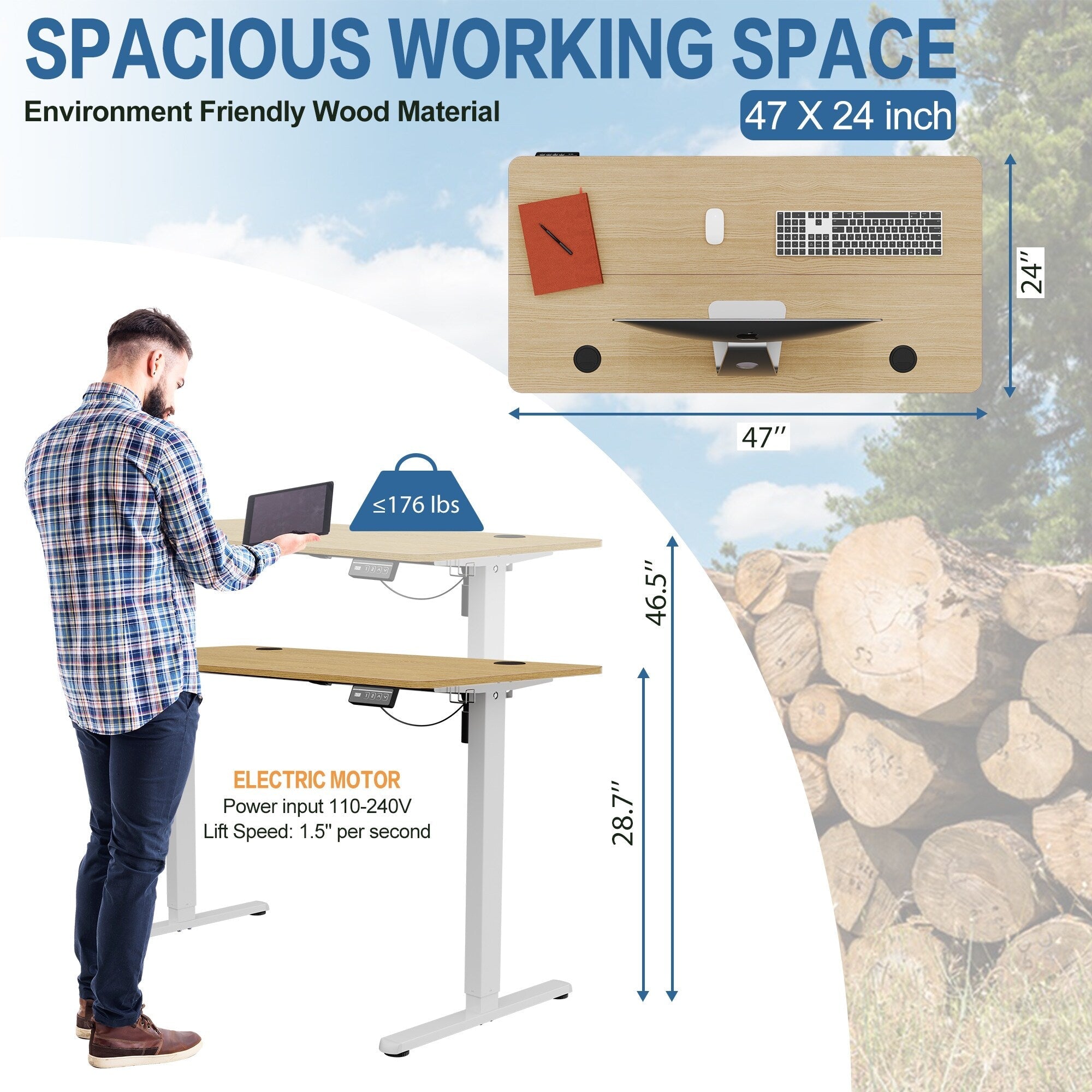 Bureau debout électrique réglable en hauteur Futzca, bureau informatique avec plateau de travail assemblé.
