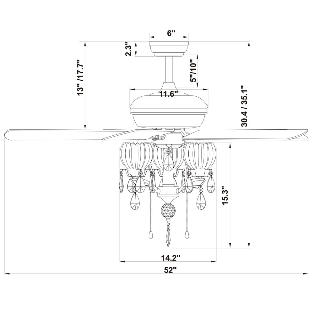 Ventilateur de plafond avec éclairage Garlow noir mat à 5 pales et lustre à coupelles en forme de fleur de cristal (avec télécommande) - Diamètre de 52 pouces