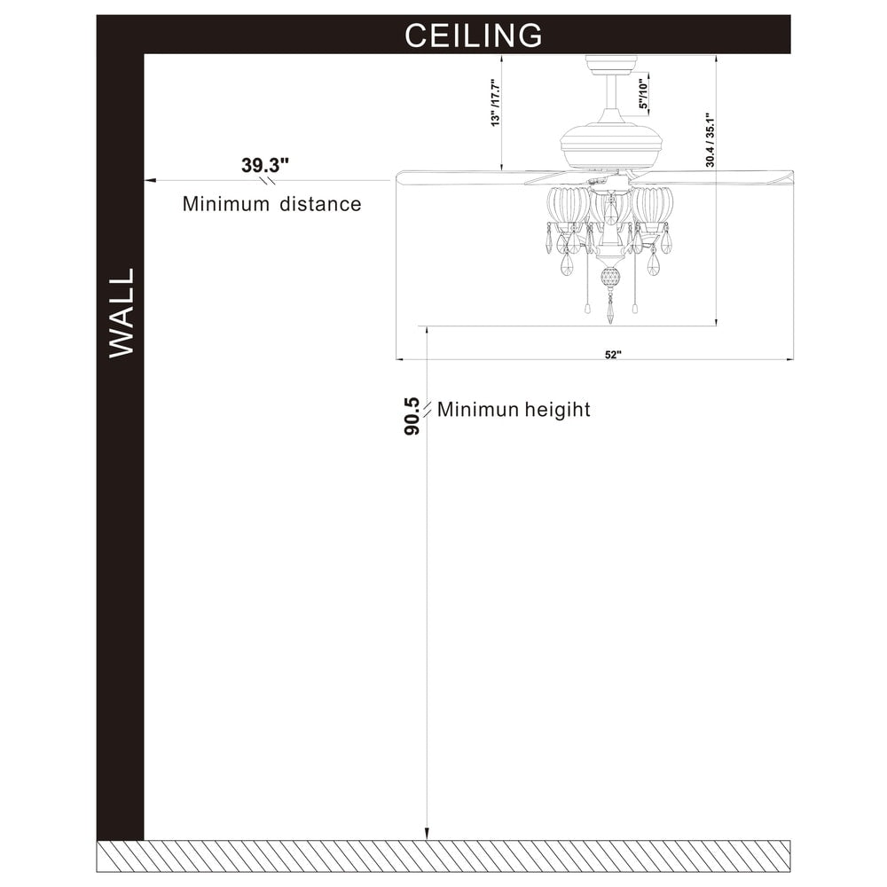 Ventilateur de plafond avec éclairage Garlow noir mat à 5 pales et lustre à coupelles en forme de fleur de cristal (avec télécommande) - Diamètre de 52 pouces