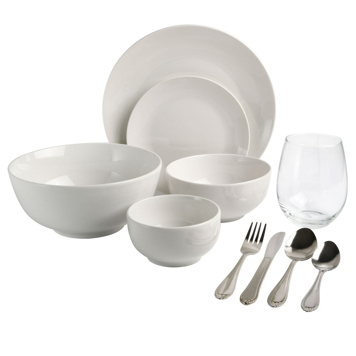 Service de table Gibson Home All U Need, 60 pièces : assiettes, bols, verrerie, fourchettes, cuillères et couteaux (pour 6 personnes)