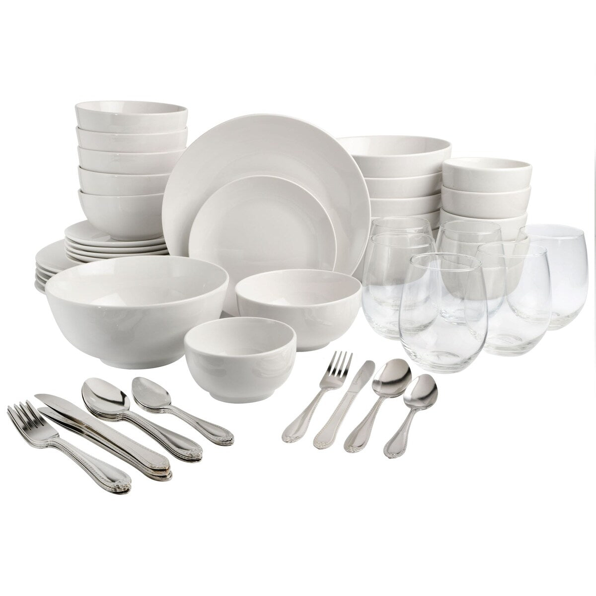 Service de table Gibson Home All U Need, 60 pièces : assiettes, bols, verrerie, fourchettes, cuillères et couteaux (pour 6 personnes)