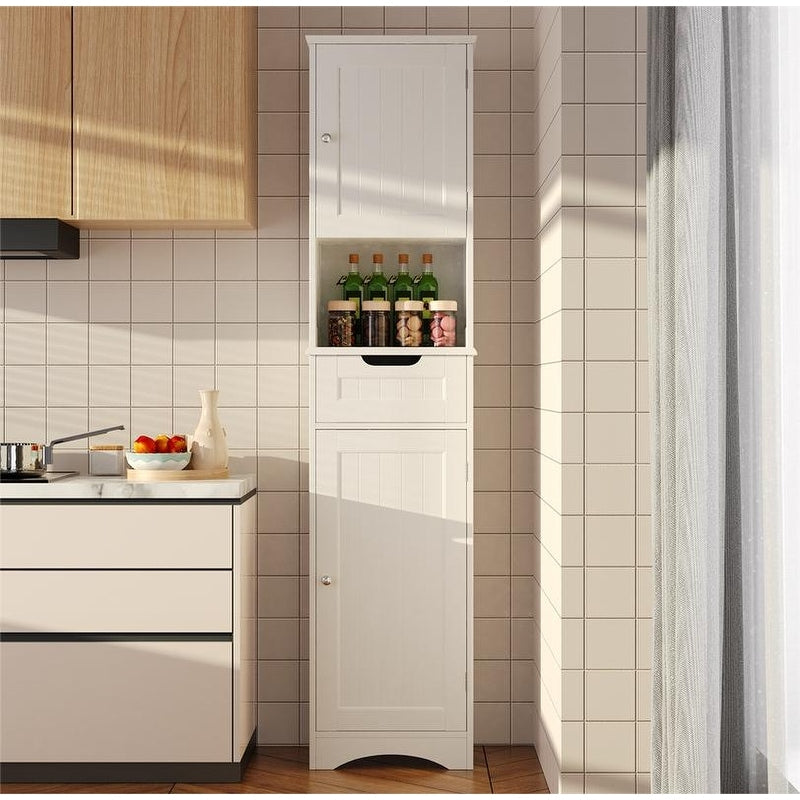 Armoire à linge de salle de bain étroite de 170 cm de hauteur, armoire de rangement autoportante en bois massif à 5 niveaux.