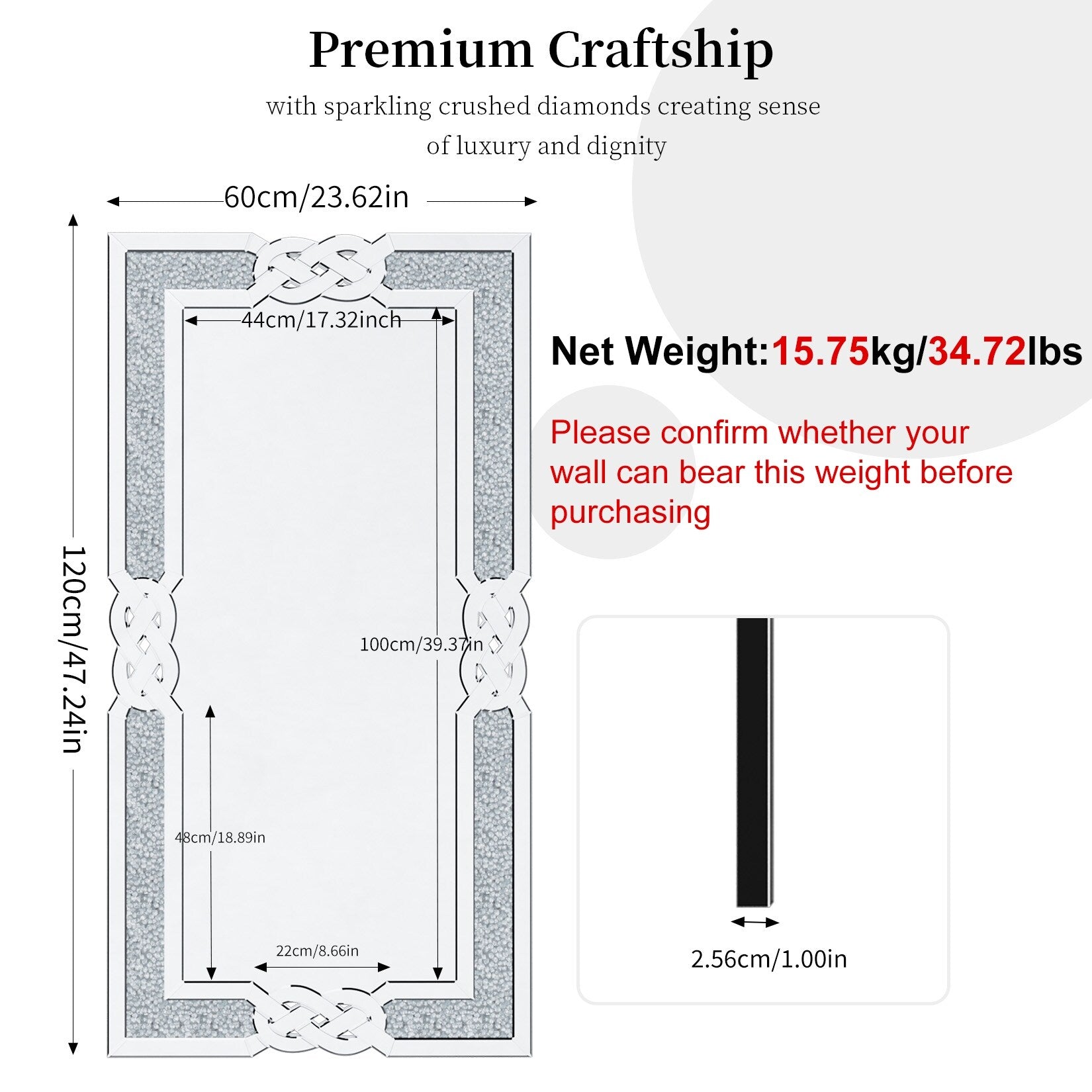 Miroir mural décoratif en forme de diamant avec strass scintillants