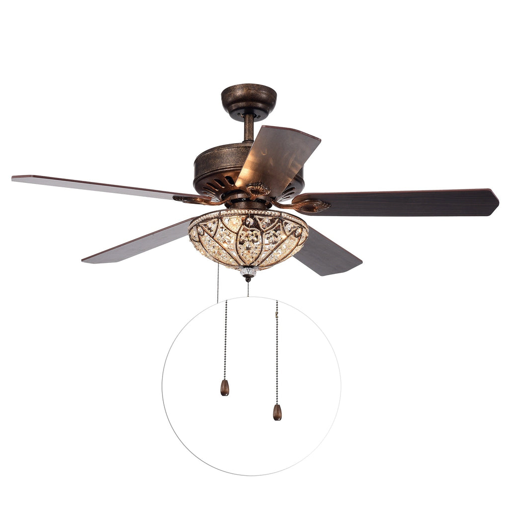 Ventilateur de plafond à 5 pales avec éclairage, bronze rustique, abat-jour en cristal, modèle Gliska.