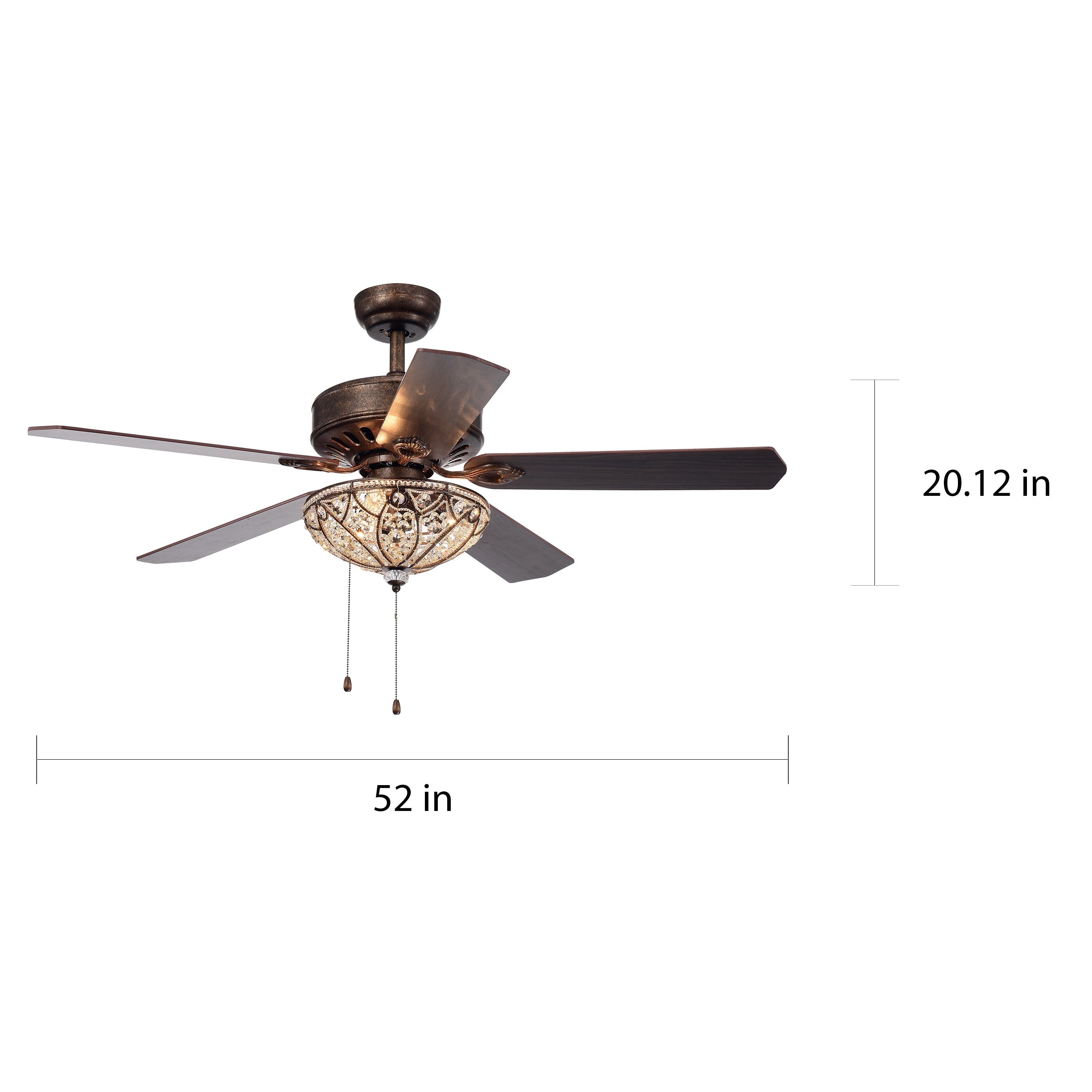 Ventilateur de plafond à 5 pales avec éclairage, bronze rustique, abat-jour en cristal, modèle Gliska.