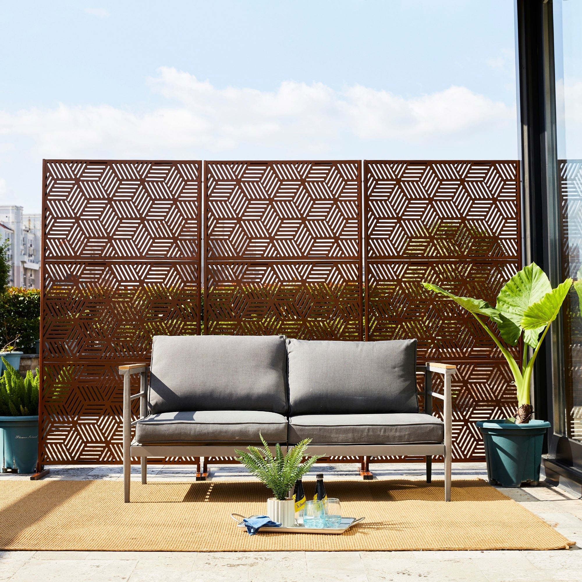 Glitzhome Écran de séparation de pièce, pare-brise à 3 panneaux, motif floral galvanisé, 6 pieds