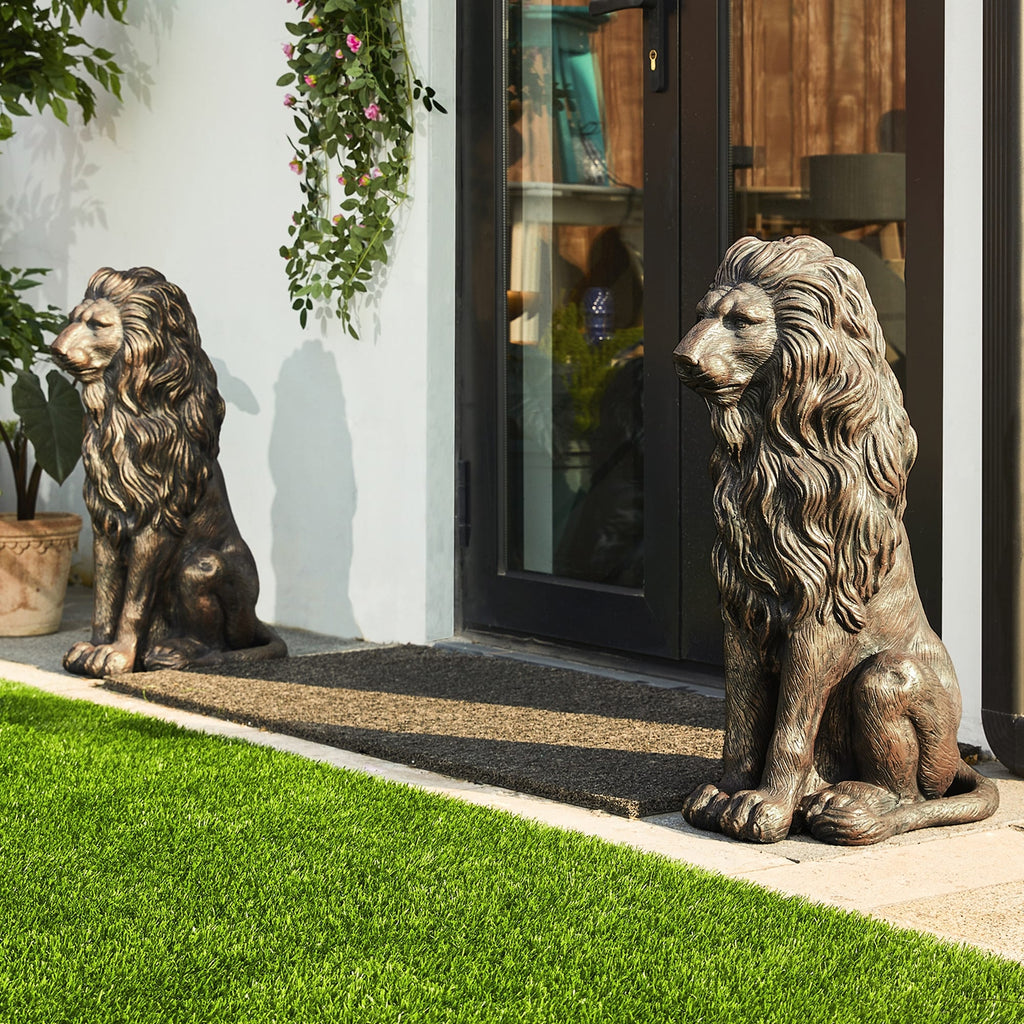 Glitzhome MGO - Lot de 2 statues de lions gardiens majestueux assis, pour porche, sculpture d'extérieur et d'intérieur
