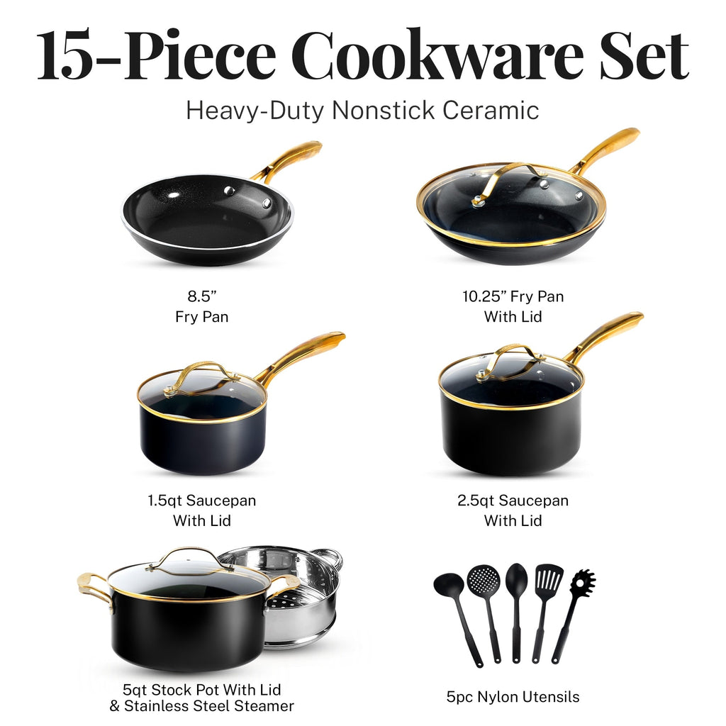 Gotham Steel Ensemble de 15 pièces de casseroles et poêles noires ultra antiadhésives en céramique avec ustensiles