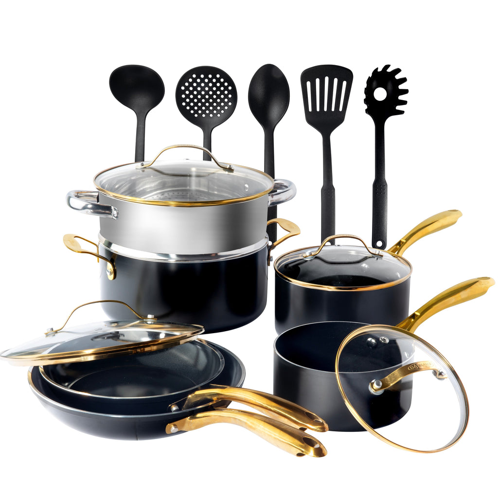 Gotham Steel Ensemble de 15 pièces de casseroles et poêles noires ultra antiadhésives en céramique avec ustensiles
