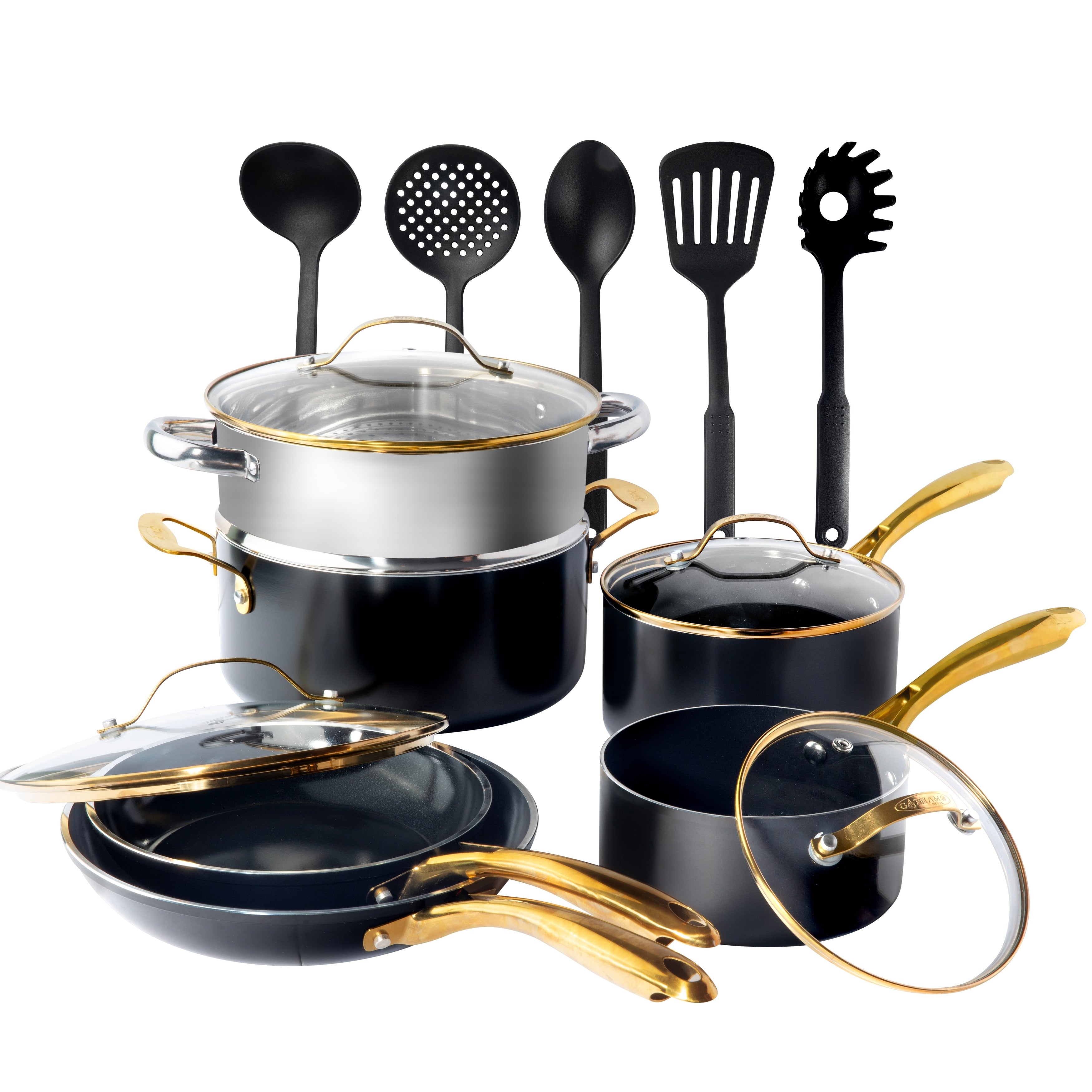 Gotham Steel Ensemble de 15 pièces de casseroles et poêles noires ultra antiadhésives en céramique avec ustensiles