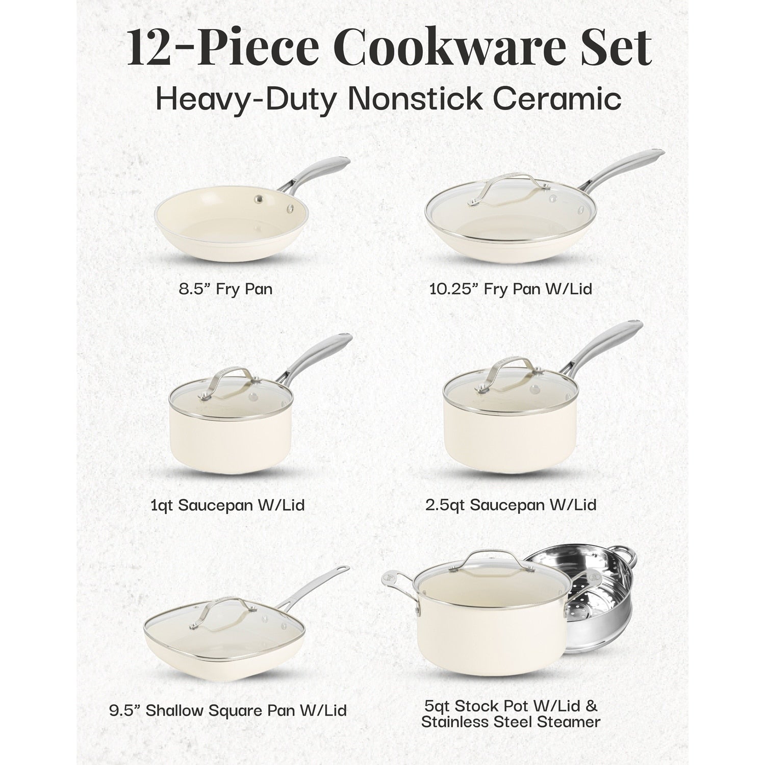 Gotham Steel Cream Ensemble de 12 pièces de casseroles et poêles ultra antiadhésives en céramique avec poignées Stay Cool