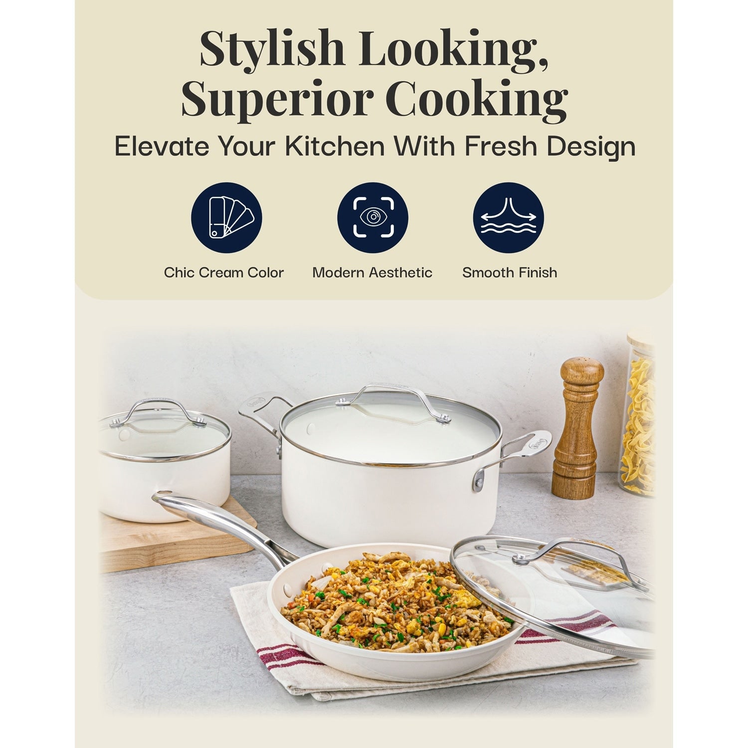 Gotham Steel Cream Ensemble de 12 pièces de casseroles et poêles ultra antiadhésives en céramique avec poignées Stay Cool