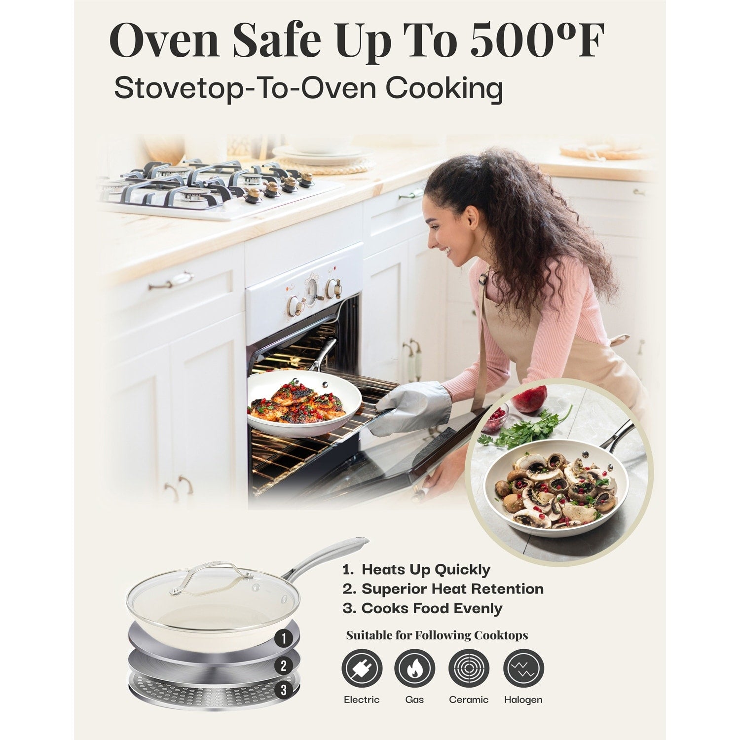 Gotham Steel Cream Ensemble de 12 pièces de casseroles et poêles ultra antiadhésives en céramique avec poignées Stay Cool