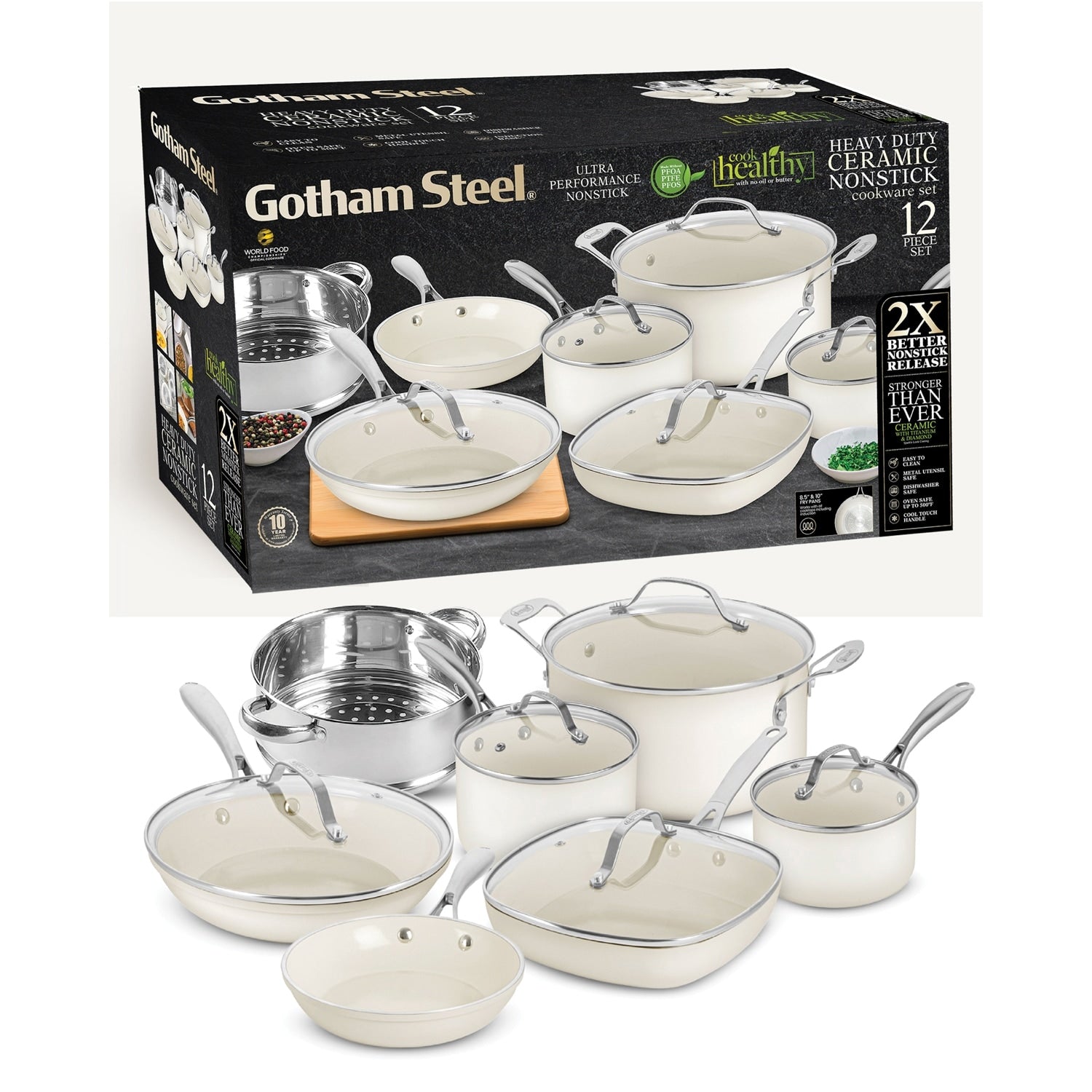 Gotham Steel Cream Ensemble de 12 pièces de casseroles et poêles ultra antiadhésives en céramique avec poignées Stay Cool