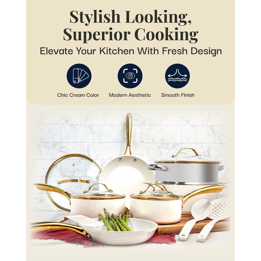 Gotham Steel Ensemble de 15 pièces de casseroles et poêles en céramique ultra antiadhésive couleur crème avec ustensiles