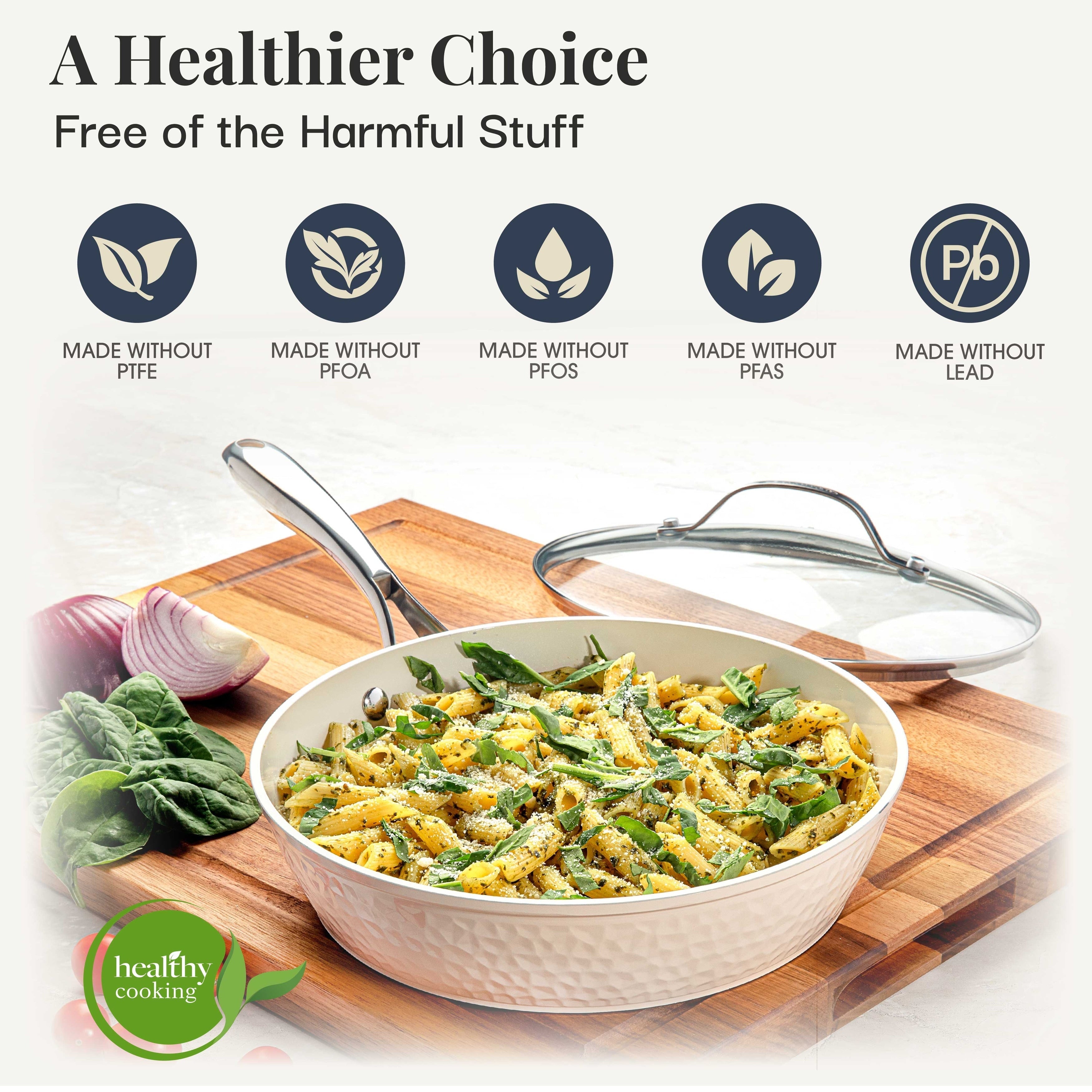 Ensemble de casseroles et poêles Gotham Steel Hammered Cream 15 pièces, revêtement céramique ultra antiadhésif, avec ustensiles.