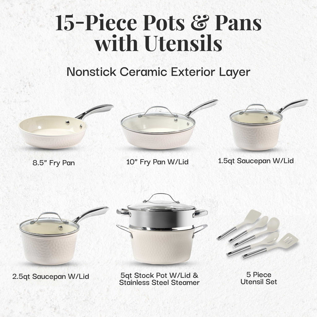 Ensemble de casseroles et poêles Gotham Steel Hammered Cream 15 pièces, revêtement céramique ultra antiadhésif, avec ustensiles.
