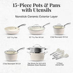 Ensemble de casseroles et poêles Gotham Steel Hammered Cream 15 pièces, revêtement céramique ultra antiadhésif, avec ustensiles.