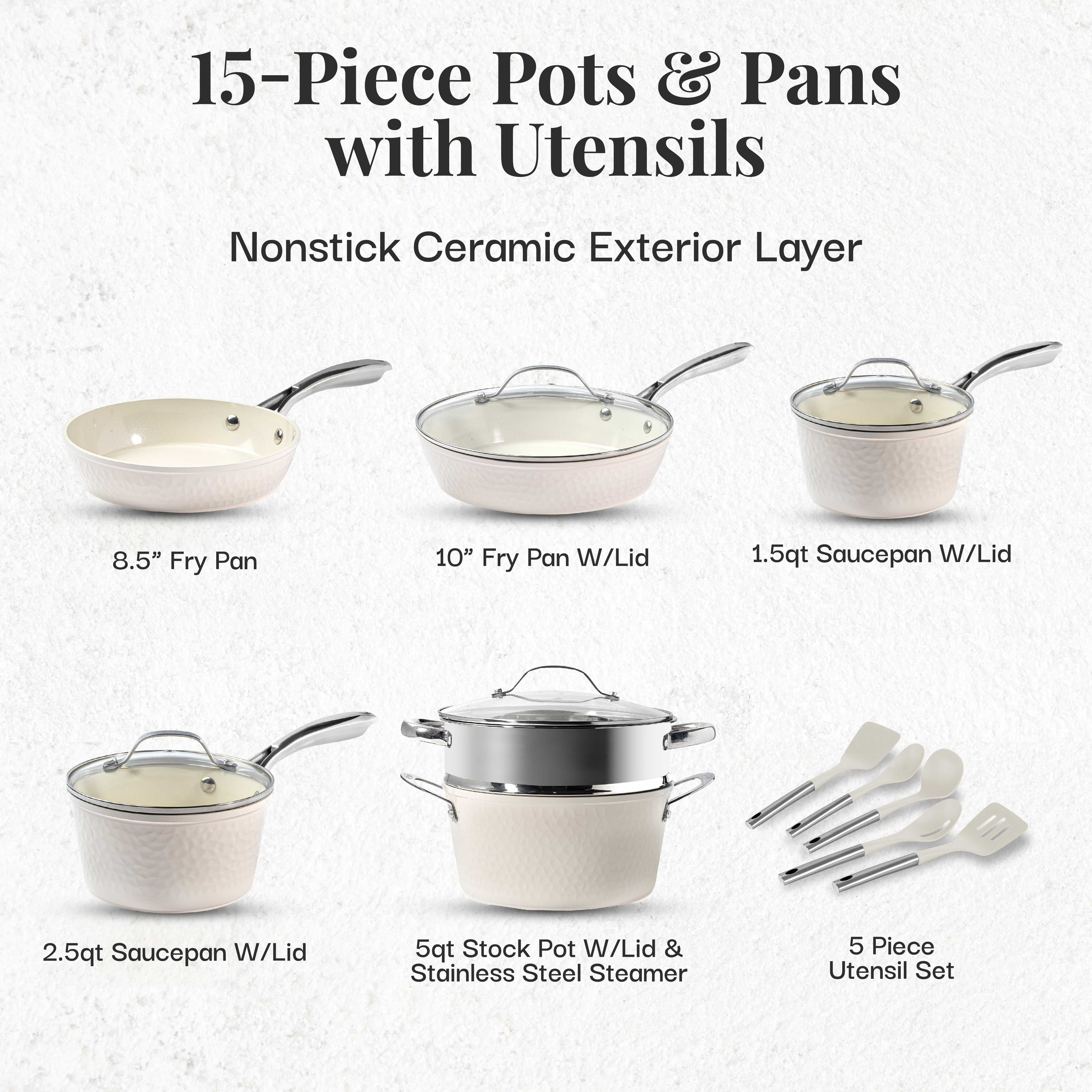 Ensemble de casseroles et poêles Gotham Steel Hammered Cream 15 pièces, revêtement céramique ultra antiadhésif, avec ustensiles.