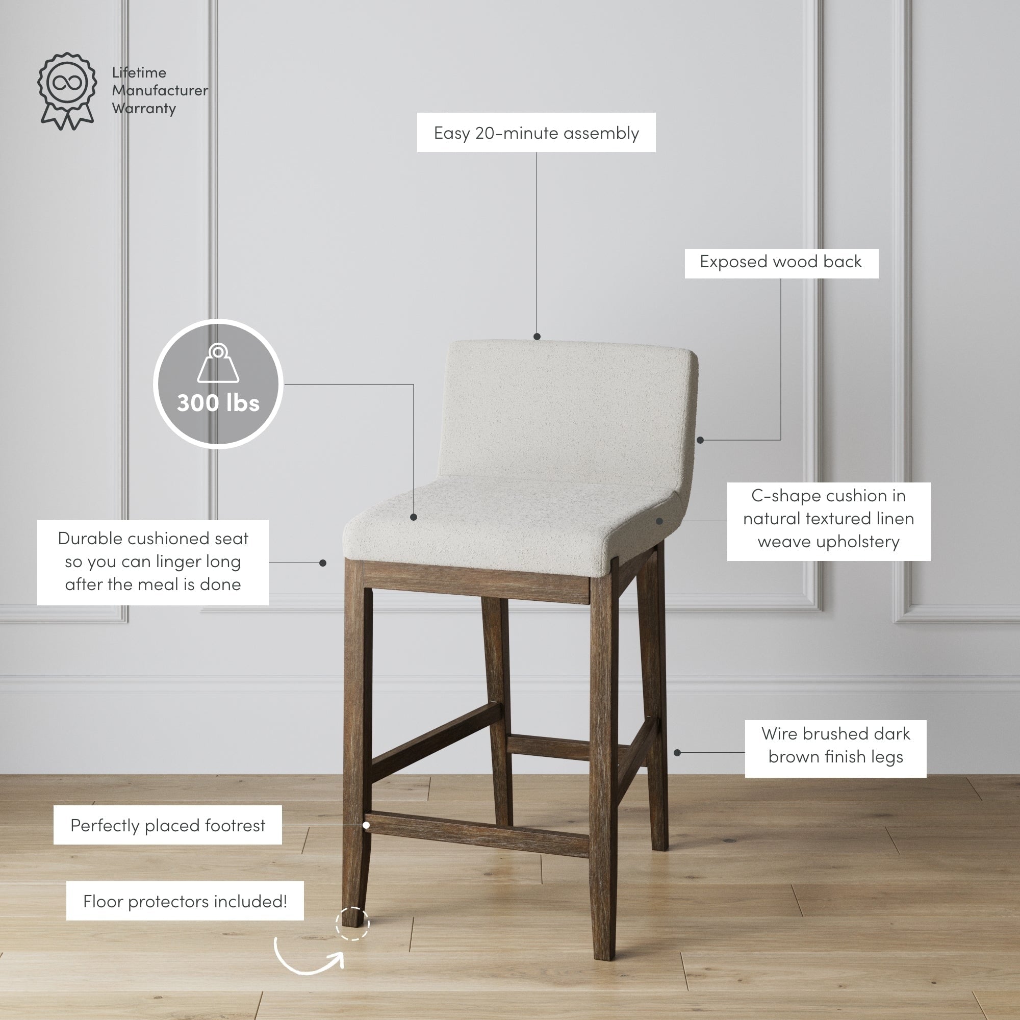 Tabouret de bar moderne Gracie, chaise rembourrée en bouclette et pieds en bois brossé