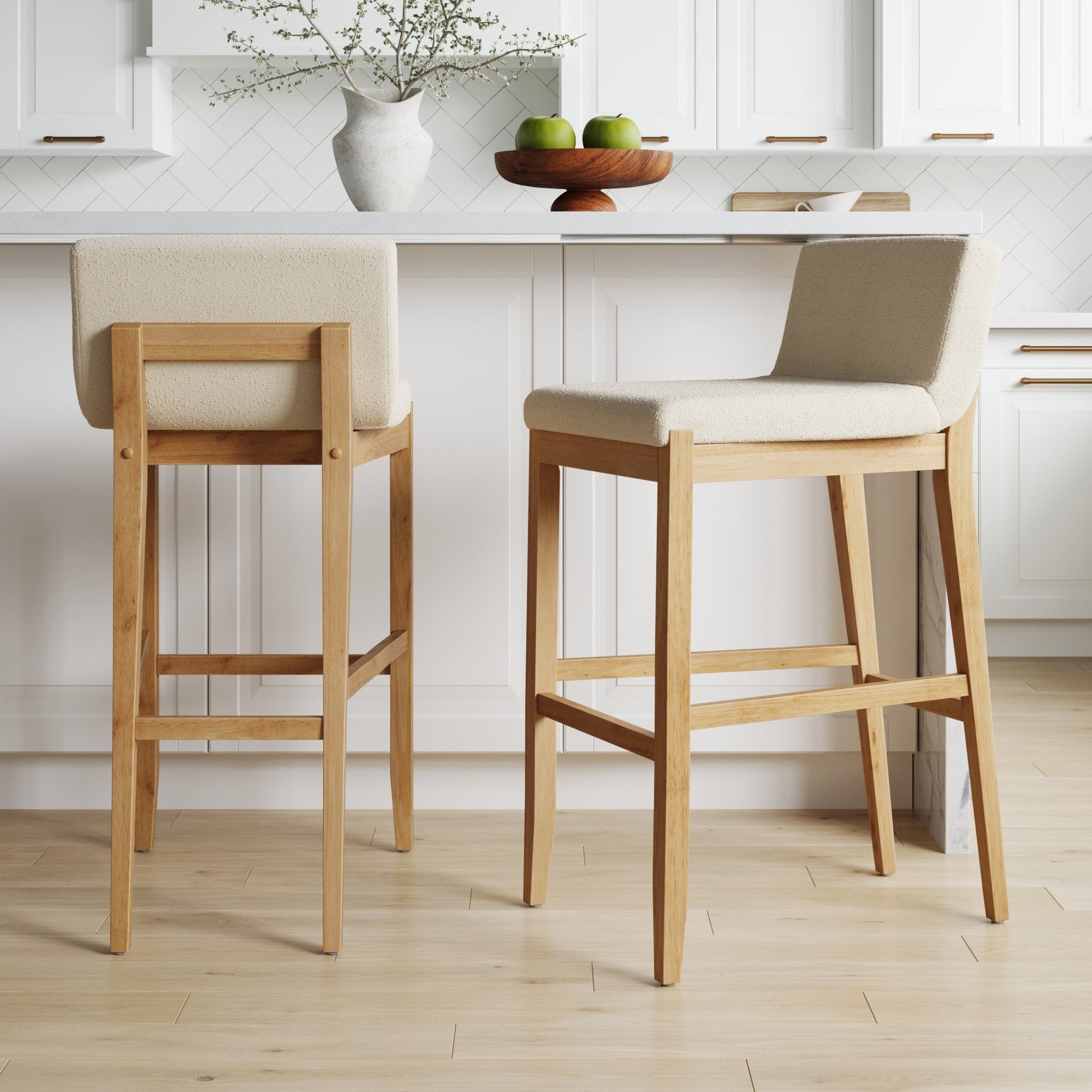 Tabouret de bar moderne Gracie, chaise rembourrée en bouclette et pieds en bois brossé