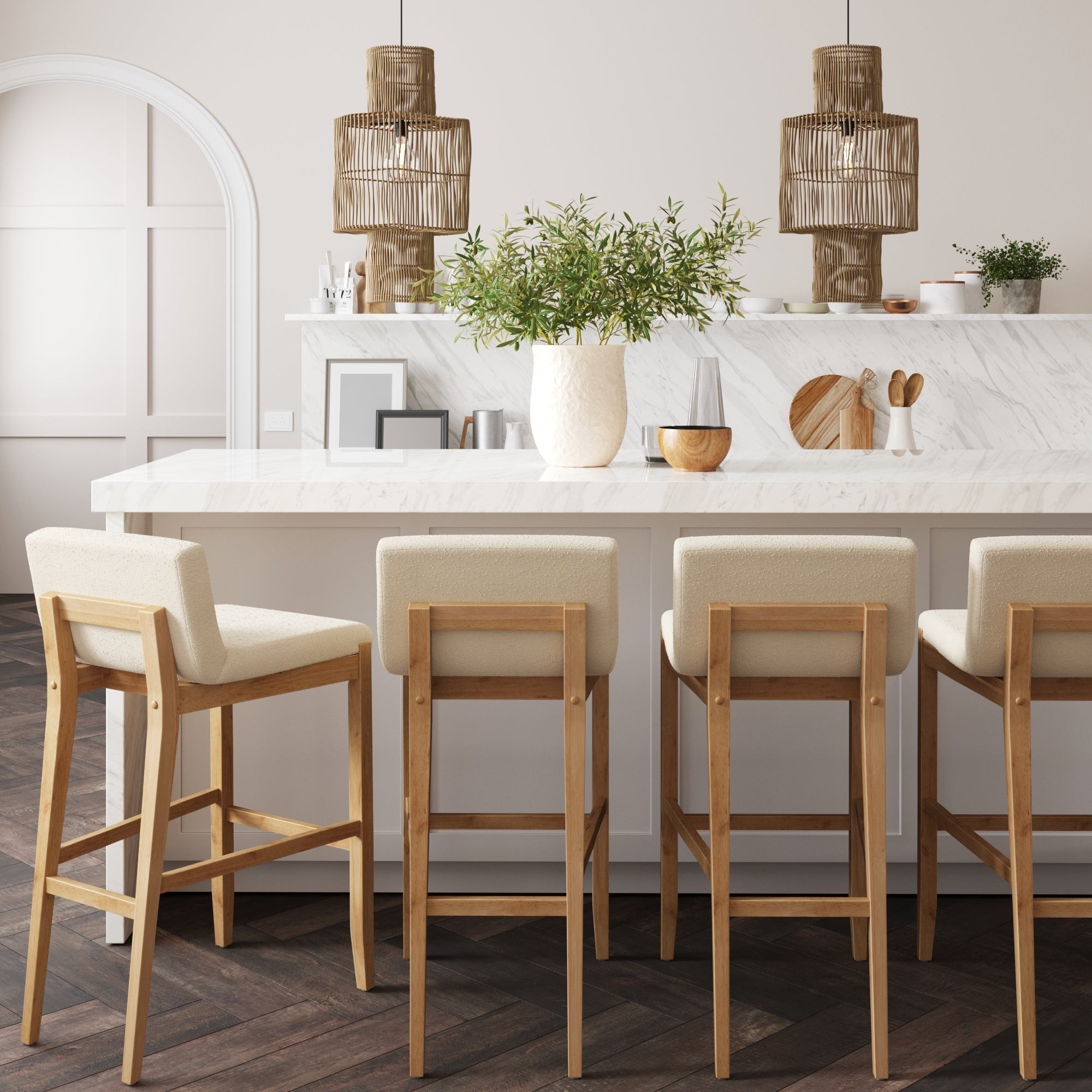 Tabouret de bar moderne Gracie, chaise rembourrée en bouclette et pieds en bois brossé