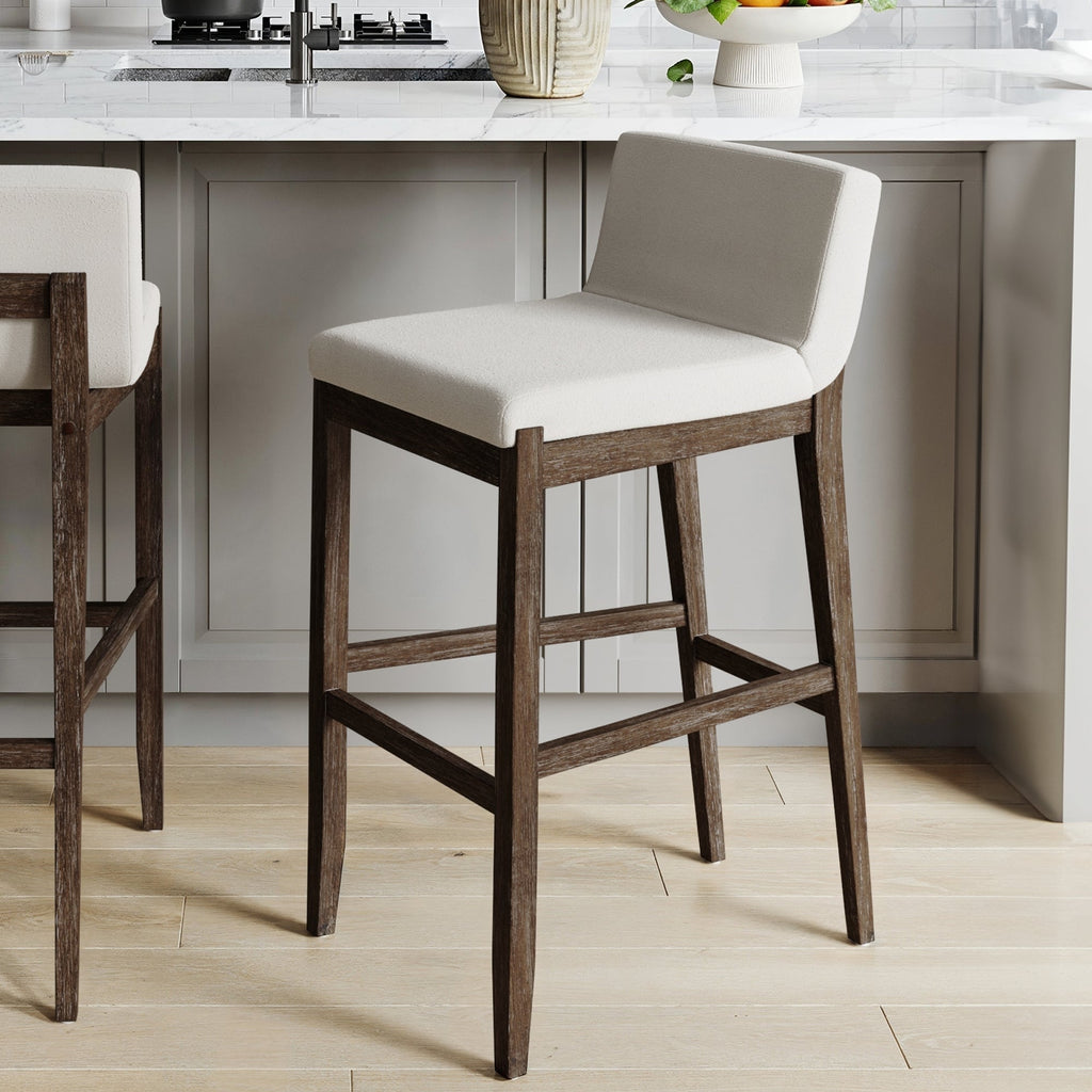 Tabouret de bar moderne Gracie, chaise rembourrée en bouclette et pieds en bois brossé