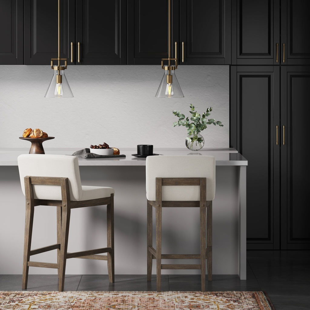 Tabouret de bar moderne Gracie, chaise rembourrée en bouclette et pieds en bois brossé