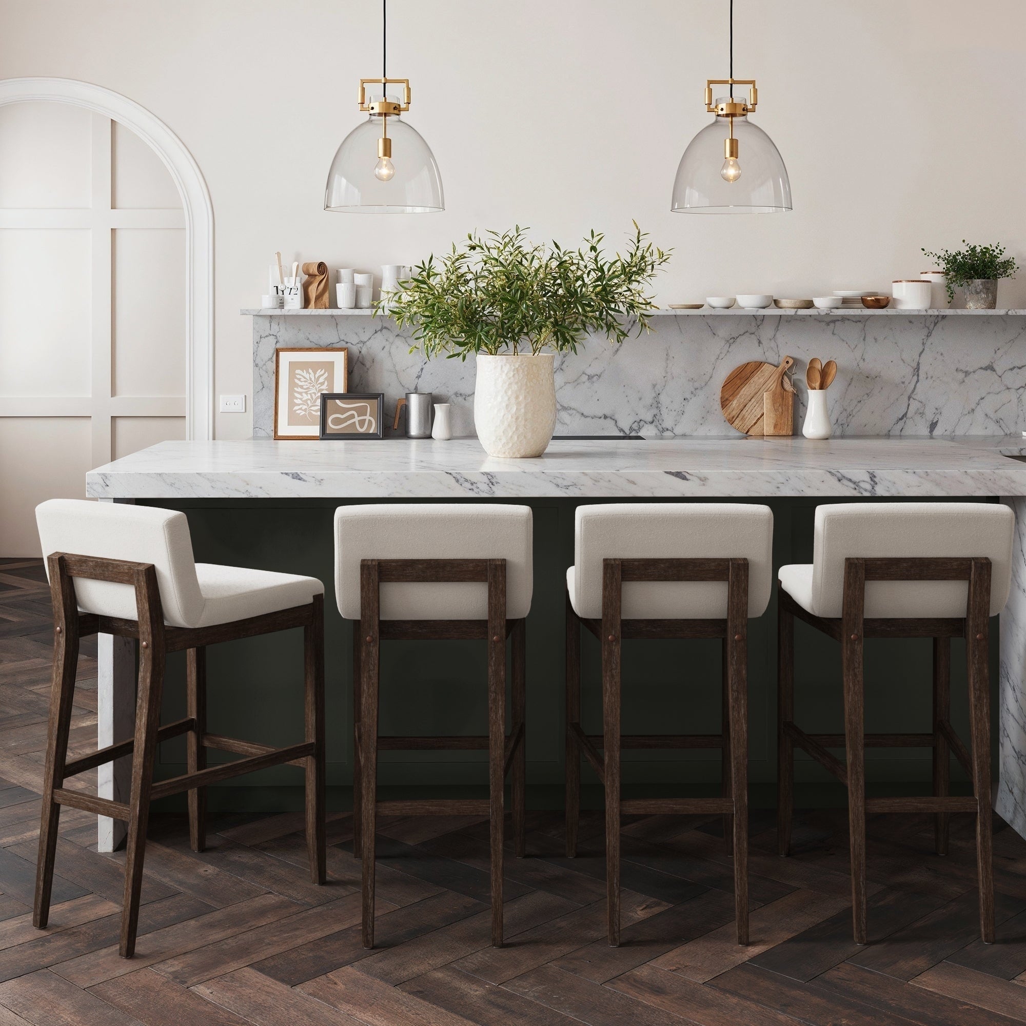 Tabouret de bar moderne Gracie, chaise rembourrée en bouclette et pieds en bois brossé