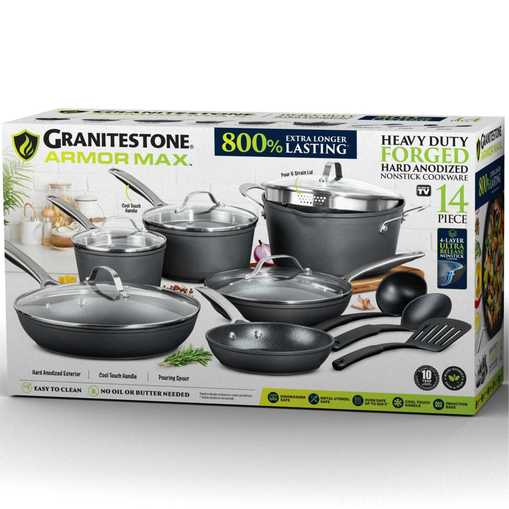 Ensemble de cuisine Granitestone Armor Max 14 pièces en acier anodisé dur.