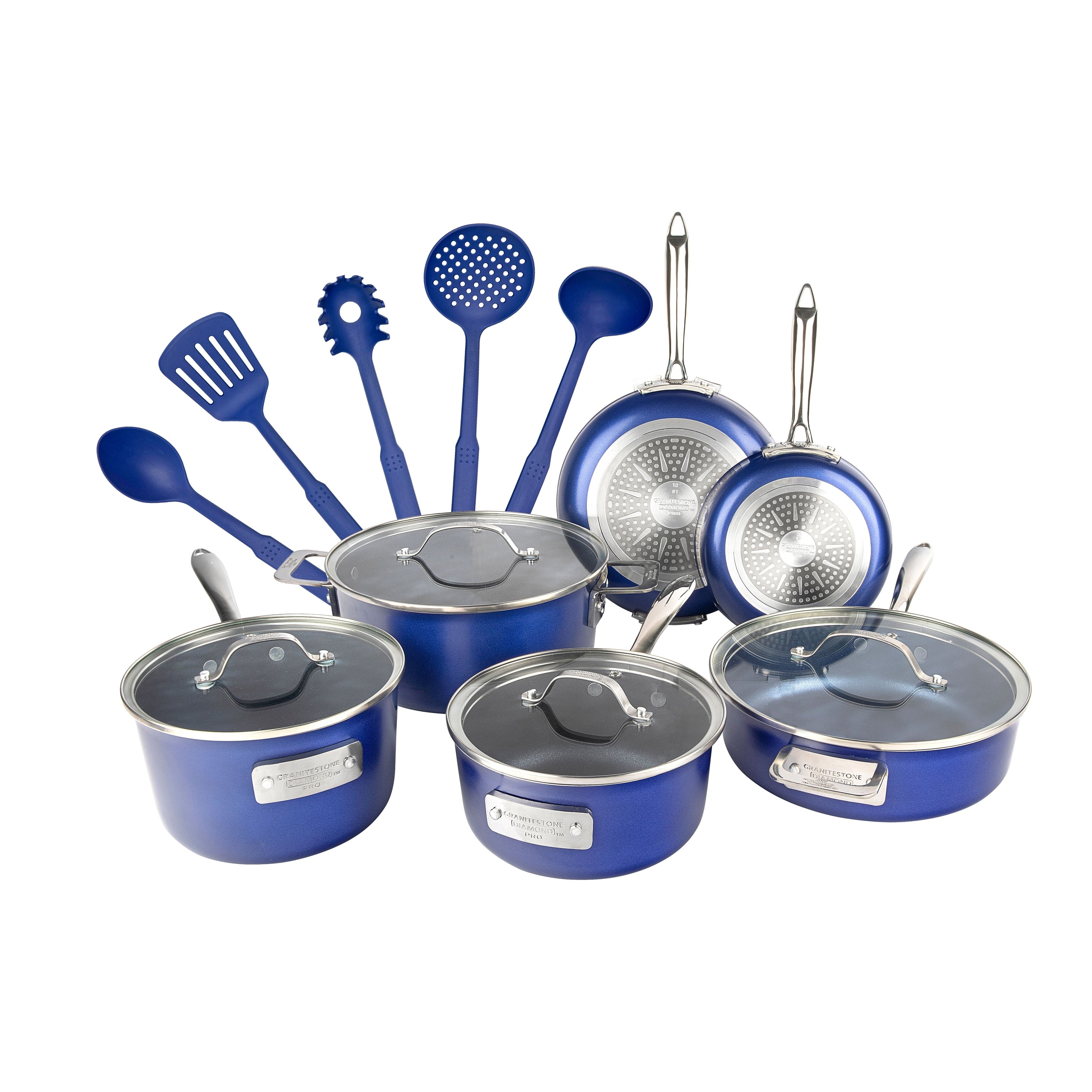 Ensemble de casseroles et poêles antiadhésives Granitestone Blue 15 pièces Stackmaster avec couvercles en verre
