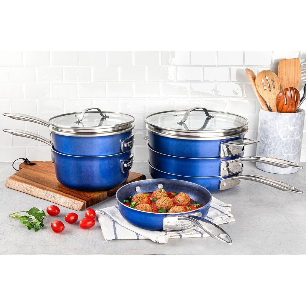Ensemble de casseroles et poêles antiadhésives Granitestone Blue 15 pièces Stackmaster avec couvercles en verre